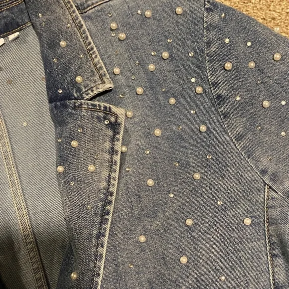 Chico's Pearl Look Studded Blue Jean Jacket - Picture 3 of 5